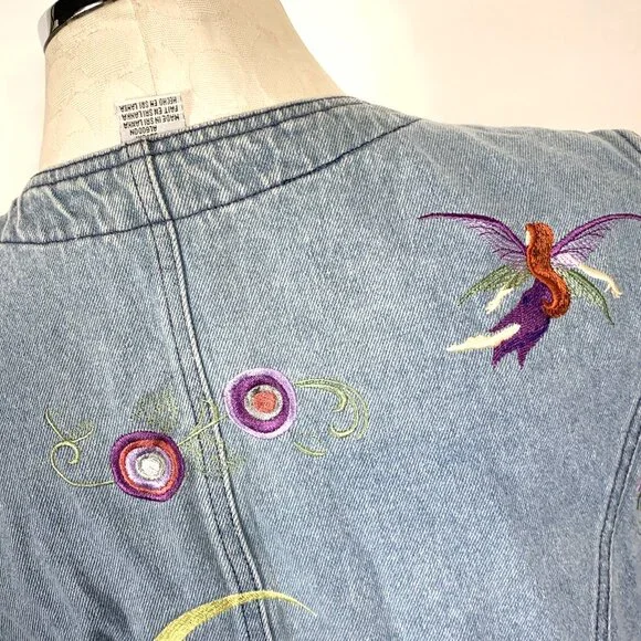 Denim Vest Sz XL Embroidered Fairies Unicorn Whimsical Russ State of Blue Vtg - Picture 10 of 11